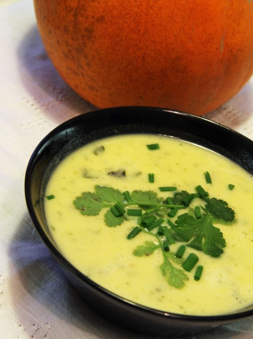 Vaaleasta kurpitsasta syntyi vaalea keitto. Pihalla oli vielä sopivasta ruohosipulia ja korianteria koristeeksi.