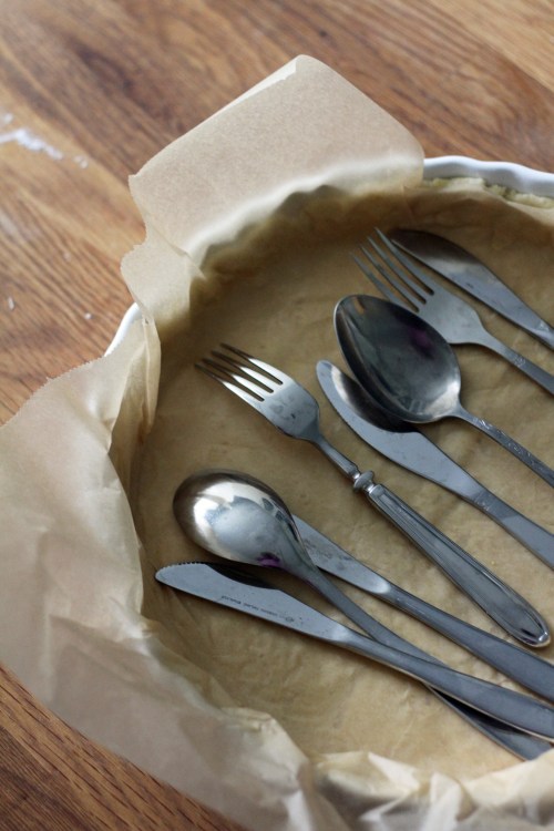 Kirjassa neuvotaan laittamaan taikinan päälle piirakkapainot – liian professionaalia. Ruokailuvälineet ajavat kyllä saman asian.